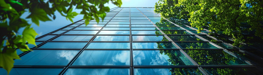 Sustainable green building. Eco-friendly building. Sustainable glass office building with tree for reducing carbon dioxide. Office with green environment. Corporate building reduce CO2.