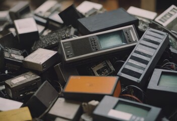 pile of old unused computers and vintage CRT monitors