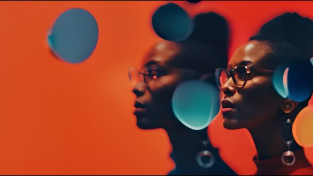 Banner for event of Black women in tech, featuring two Afro American girls with glasses and long hair. Diversity and inclusion. Technology for woman equal rights. gradient background.