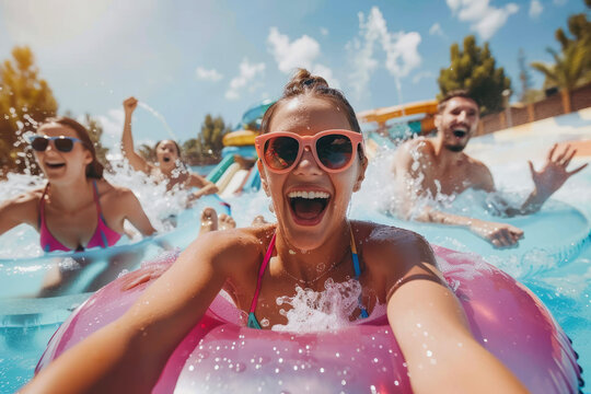 A group of friends having fun at a water park, sliding down a giant tube and splashing into a pool.