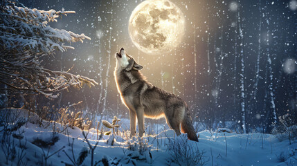 Majestic wolf howling at the moon in a snowy forest