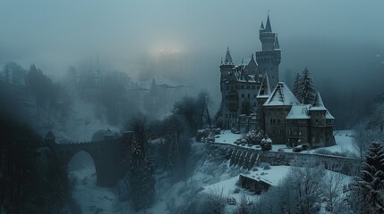 Misty Winter Castle in Twilight, serene winter twilight descends on a majestic castle, shrouded in mist and cloaked in snow, evoking a sense of mystery and timeless elegance - obrazy, fototapety, plakaty