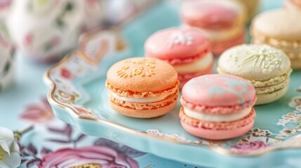 colorful macarons are beautifully arranged on a light blue tray adorned with intricate floral patterns. French dessert with cream
