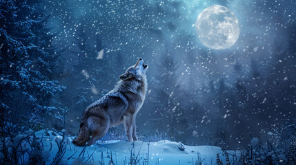 Majestic wolf howling at the moon in a snowy forest - obrazy, fototapety, plakaty