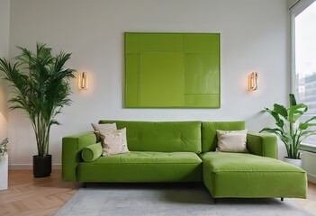 A luxurious living room with a green sofa and decor, light green walls, decor in a greenish color