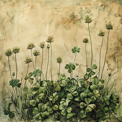 Naklejka premium design, floral, papier, abbildung, kunst, blume, kleeblatt, grün, hintergrund beige, dekor, design, floral, paper, illustration, art, flower, shamrock, green, background beige, décor