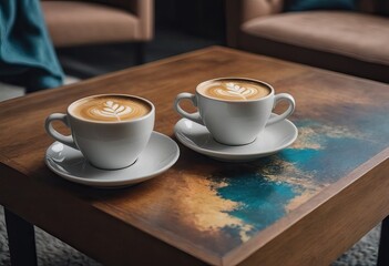 Obraz premium cup of hot coffee and tea on wood table besides window