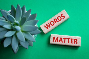 Words Matter symbol. Concept word Words Matter on wooden blocks. Beautiful green background with...