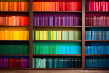Multihued Colorful folders bookshelves rainbow. Office paper empty portfolio. Generate Ai