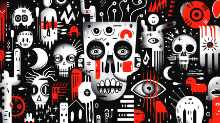 Seamless pattern with skulls. Halloween background. Art collage, mixing in one picture of various parts of other images, different graphic elements