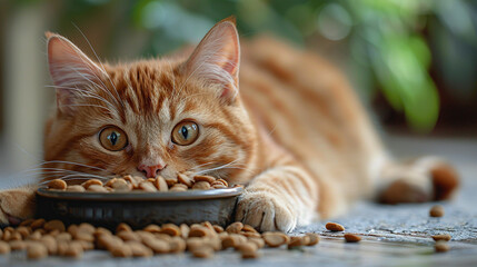 The cat tries to bury the bowl with food, lack of appetite. Made with generative ai
