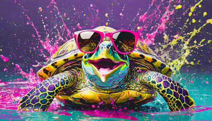 Vibrant pop art style portrait of a turtle wearing sunglasses with mouth open and paint splattering effect. AI generated wallpaper.