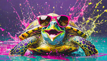 Vibrant pop art style portrait of a turtle wearing sunglasses with mouth open and paint splattering...