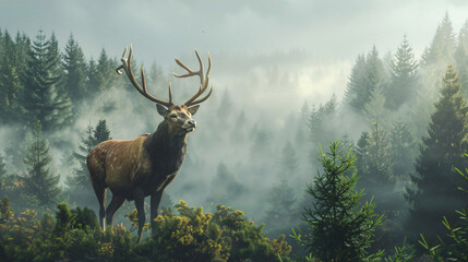 Noble stag standing proudly amidst a misty forest - obrazy, fototapety, plakaty
