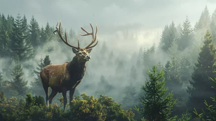 Foto op Aluminium Noble stag standing proudly amidst a misty forest © Asad