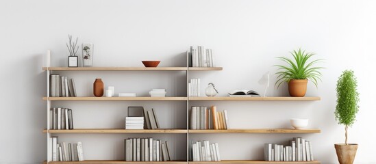 A modern shelf unit filled with various books standing next to a green potted plant on a clean white background.