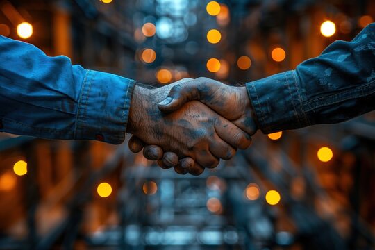 A powerful image captures the handshake between an architect and an engineer on the bustling building site, symbolizing collaboration, mutual respect, and the synergy between design and execution