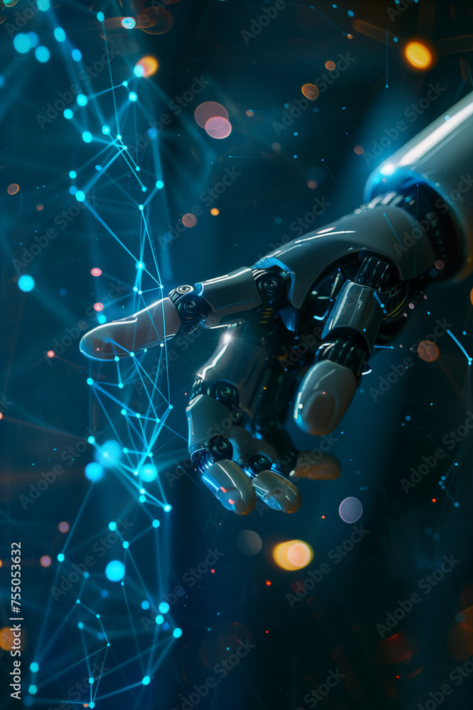 Aufkleber ai concept. hand of android or ai touching abstract network. high quality photo
