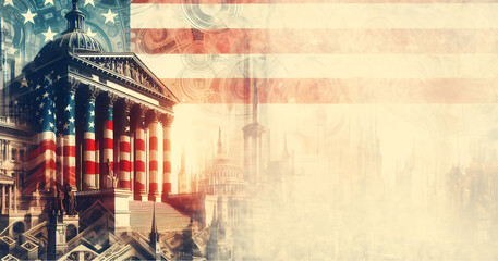 USA color background, concept of patriotism, stars and stripes in the capitol, money and progress, copy space