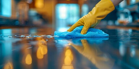 A person wearing yellow gloves is cleaning a table. The individual is focused and attentive, wiping down the surface diligently with a cloth - obrazy, fototapety, plakaty