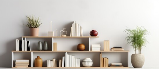 A modern shelf unit displayed against a white background, featuring a collection of books, plants, and vases. The books are neatly arranged, the plants add a touch of greenery,