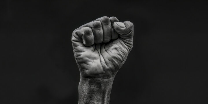 This black and white photo showcases a powerful fist raised in the air, symbolizing strength and determination. The contrast adds to the impact of the image