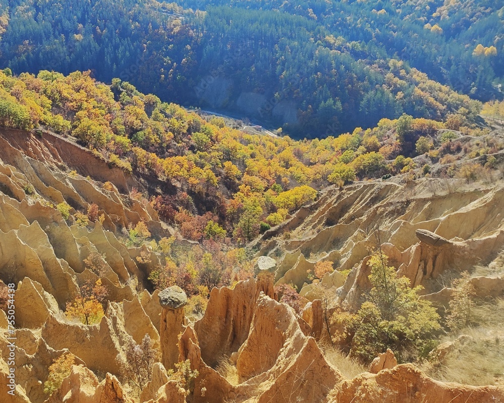 Wall mural Autumn foliage on rocky terrain with green trees: Stob Pyramids