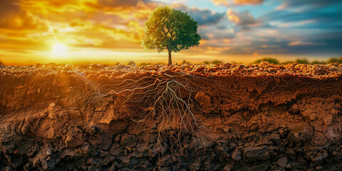 The image captures a tree with its roots firmly grounded in the soil, showcasing the depth and strength of its foundation.