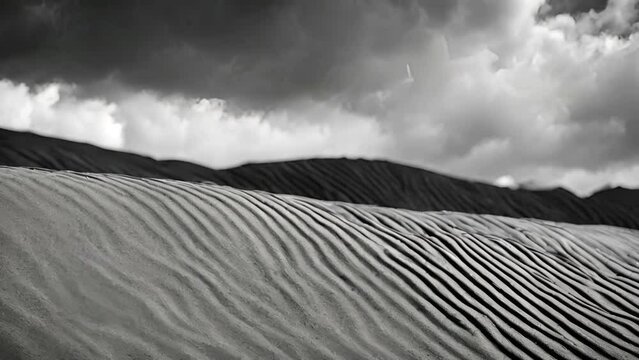Desert dunes under a stormy sky in black and white. Black and white background