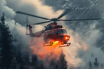 Zelfklevend Fotobehang Firefighting helicopters taking out the fire in a forest © Dejan