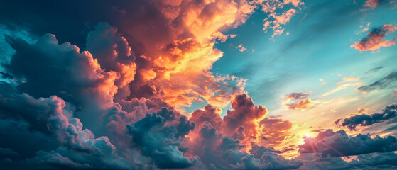 Fototapeta na wymiar Dramatic Sunset Cloudscape with Vibrant Colors. A breathtaking view of cumulus clouds illuminated by a vibrant sunset
