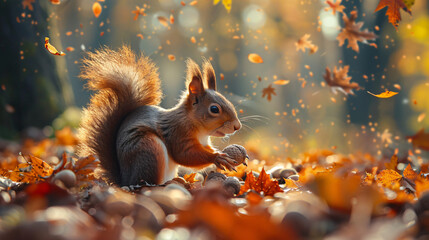 Playful squirrel collecting acorns in a vibrant - obrazy, fototapety, plakaty