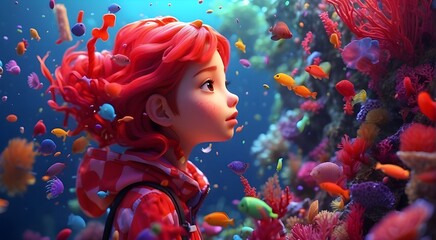 animated red checks girl exploring the colors of the deep sea with microscopic eye lens and colorful algae's are there in the ocean

