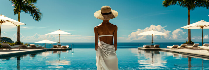 A woman dressed in a white dress and straw hat stands confidently in front of a pristine swimming pool at a resort setting