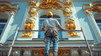 The work of a construction worker on scaffolding to renovate the facade wall of a classical style building. He prepares the exterior wall of the house for painting before painting it.
