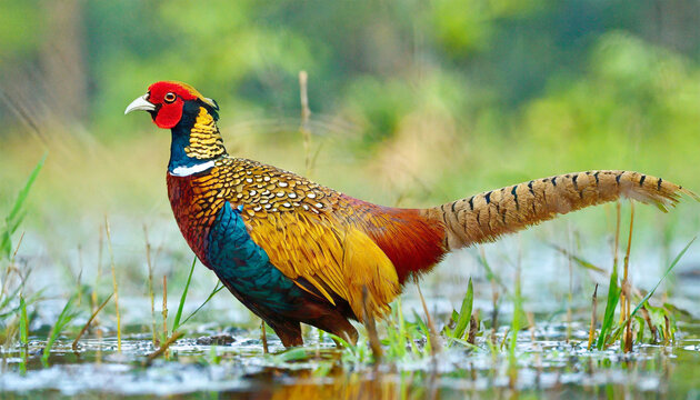 Golden pheasant (Chrysolophus pictus) in wetlands of western Ghats.