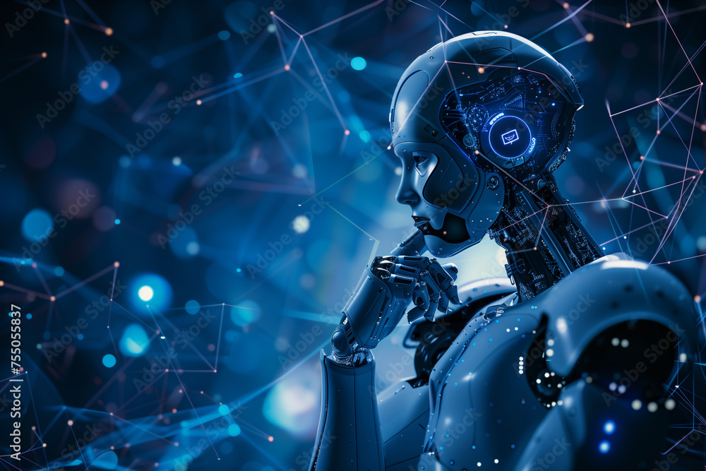 Poster abstract background. artificial inteligence thinking. head of a robot with copy space. high quality 