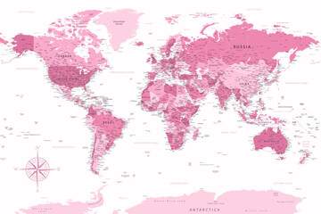World Map - Highly Detailed Vector Map of the World. Ideally for the Print Posters. Pink White Colors - 755055804
