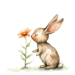 Cute bunny sniffing a flower on a white background