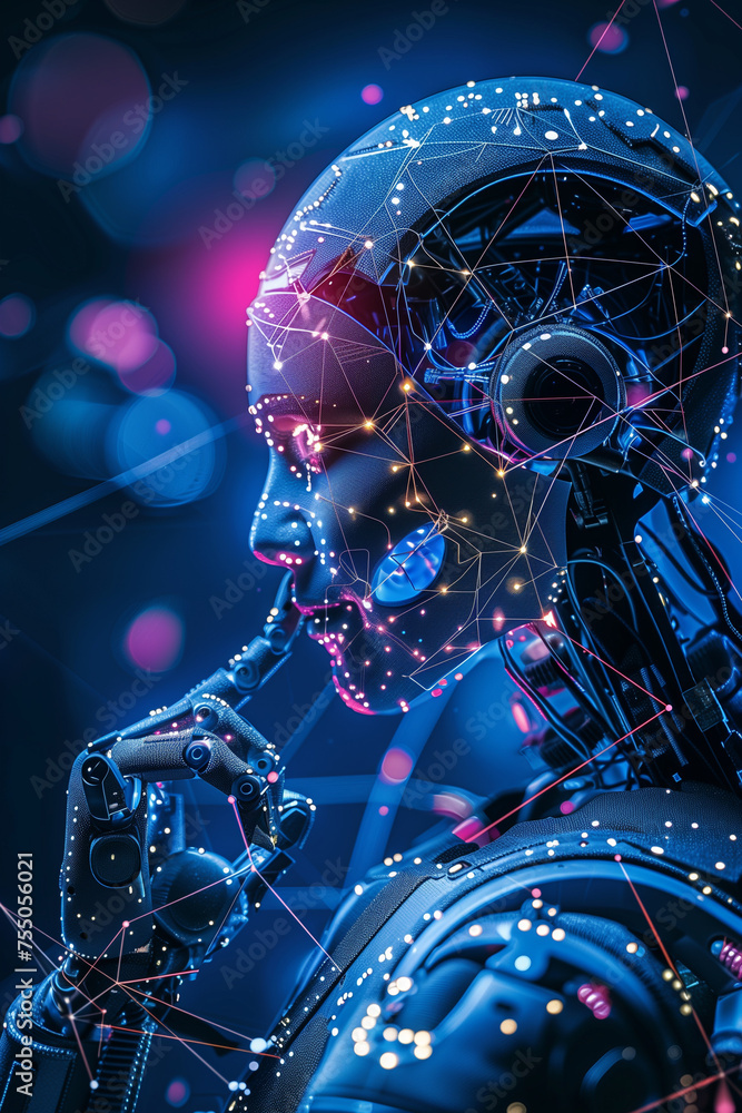 Poster abstract background. artificial inteligence thinking. head of a robot with copy space. high quality 