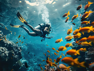 Scuba diving in the tropical ocean with coral reefs and fish