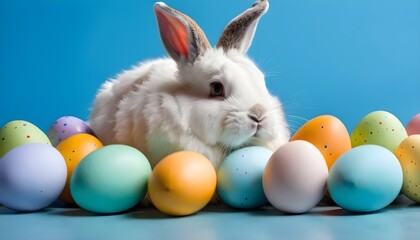 Fototapeta na wymiar Cute Fluffy Bunny Nestled Among Colorful Easter Eg