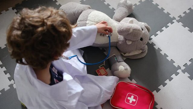 A 6-year-old boy plays with a stuffed animal to be a pediatrician and a doctor examines the doll with a thermometer, stereoscope, an blood pressure monitor. Childhood game child health hospital