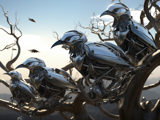 A group of cyborg birds perched on futuristic tree branches, their mechanical wings glinting as they watch over the sanctuary from above