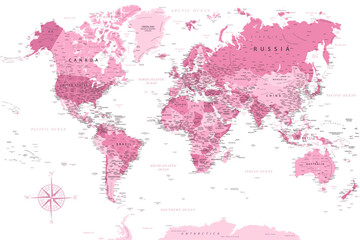 World Map - Highly Detailed Vector Map of the World. Ideally for the Print Posters. Pink White Colors - obrazy, fototapety, plakaty