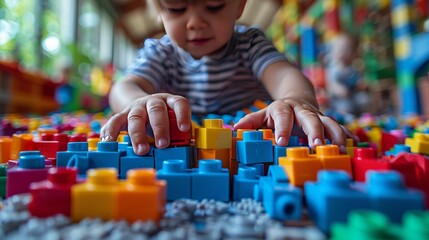 On white table, children play with colorful lego blocks in Vilnius, Lithuania, in April 2017. - obrazy, fototapety, plakaty