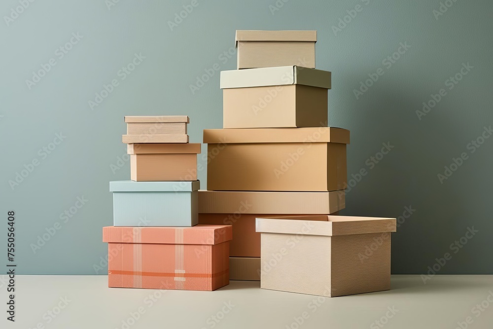 Aufkleber stack of assorted packing boxes in various sizes for moving day organized neatly against a neutral b