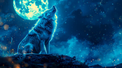 Lone Wolf Howling at the Full Moon.