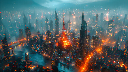 Night Cityscape with Urban Skyline and Skyscrapers, Aerial View of Shanghai at Dusk, Futuristic and Travel Concept