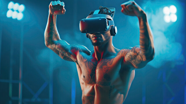 Muscular tattooed man flexes his arms during virtual reality immersion, in a modern gym with neon blue lights. Sports training, reboot in virtual reality
